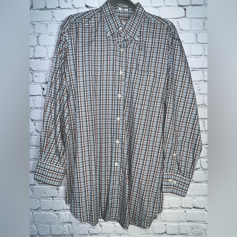 Peter Millar 100%‎ Cotton Brown Blue Plaid Long Sleeve Button Down Shirt Large - Picture 2 of 5